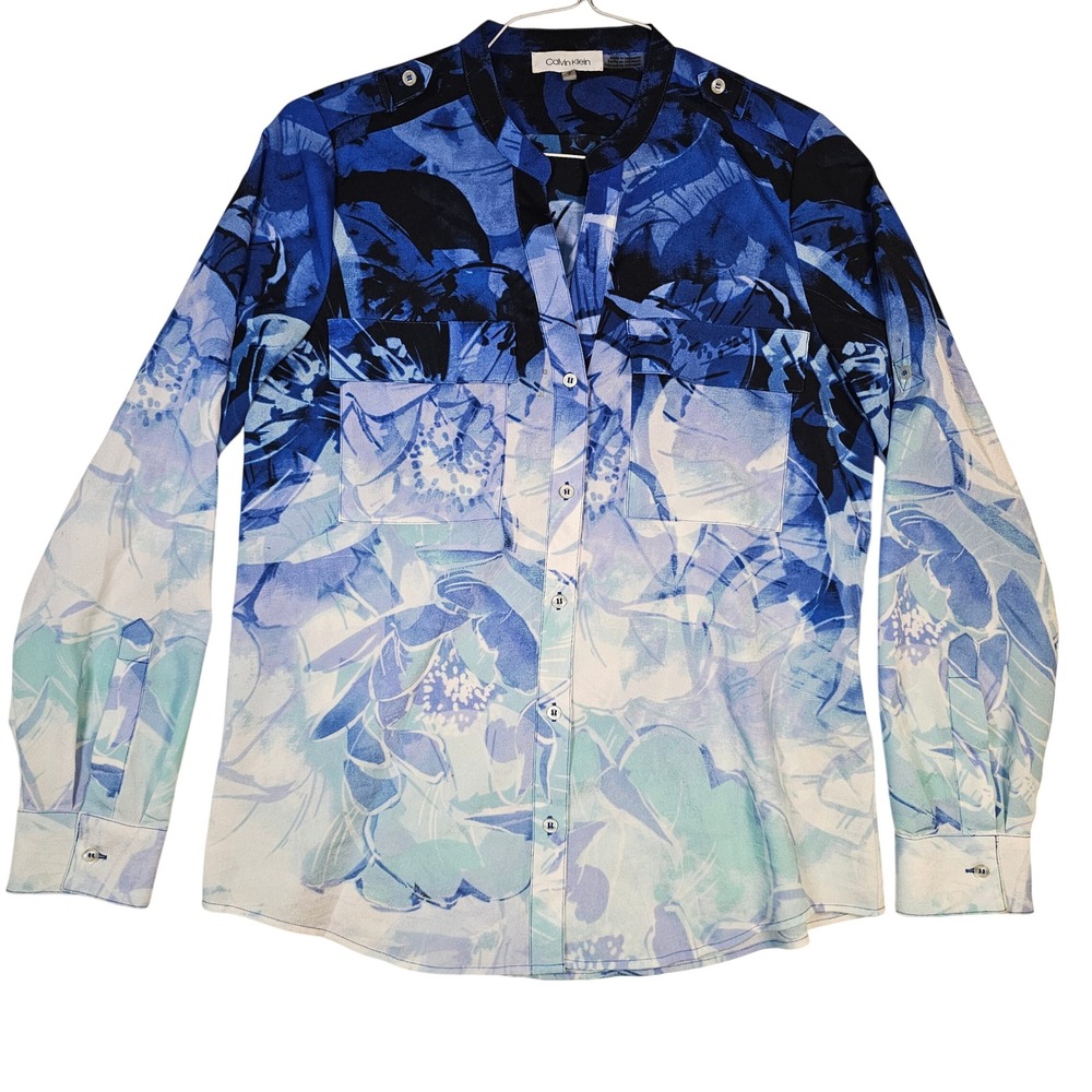 Calvin Klein Blue Floral Abstract Roll Tab Sleeve Blouse Small